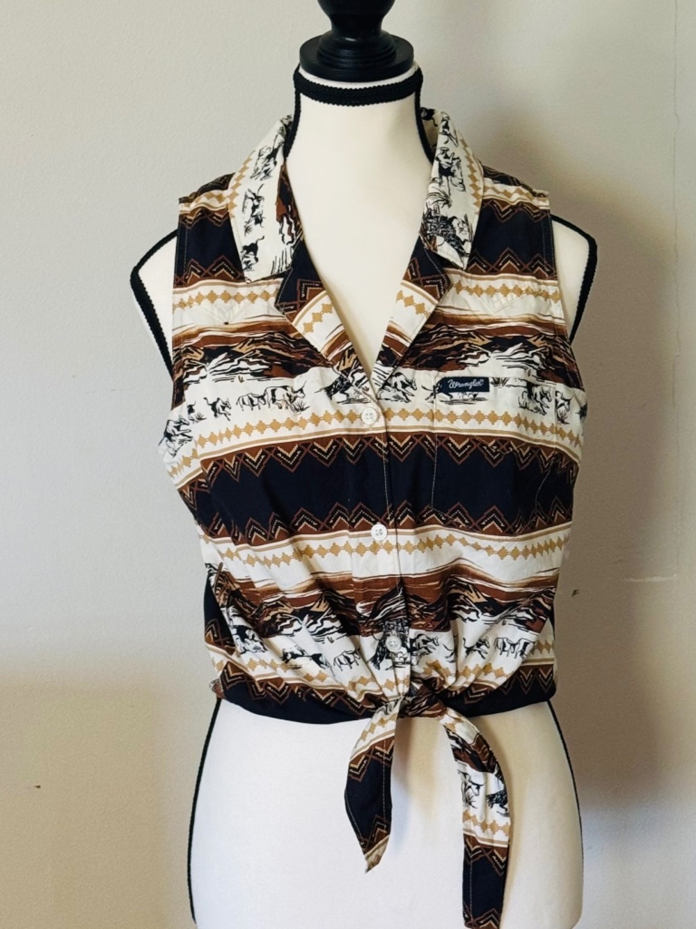 Wrangler Retro Western Tie Front Sleeveless Button-Up Top Size Small